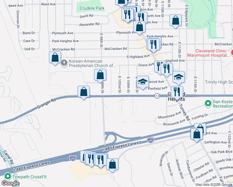 map of restaurants, bars, coffee shops, grocery stores, and more near 5287 East 102nd Street in Garfield Heights