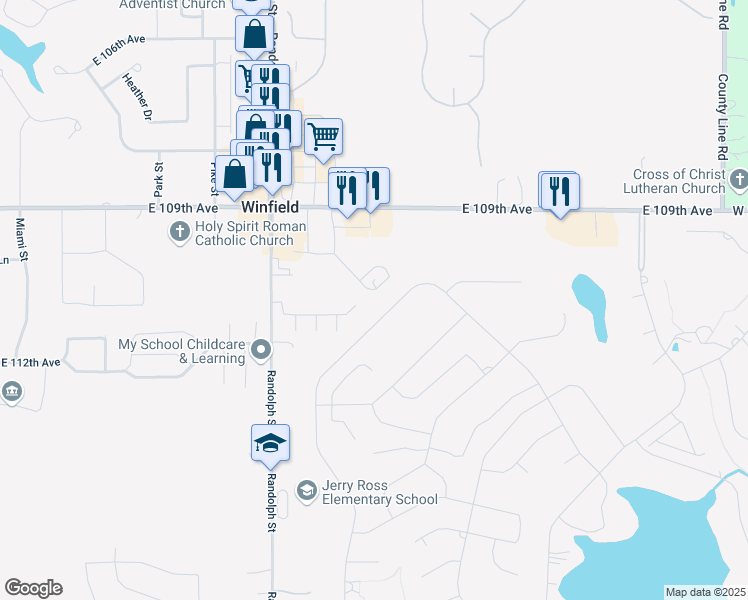 map of restaurants, bars, coffee shops, grocery stores, and more near 128-132 Meadow Road in Crown Point