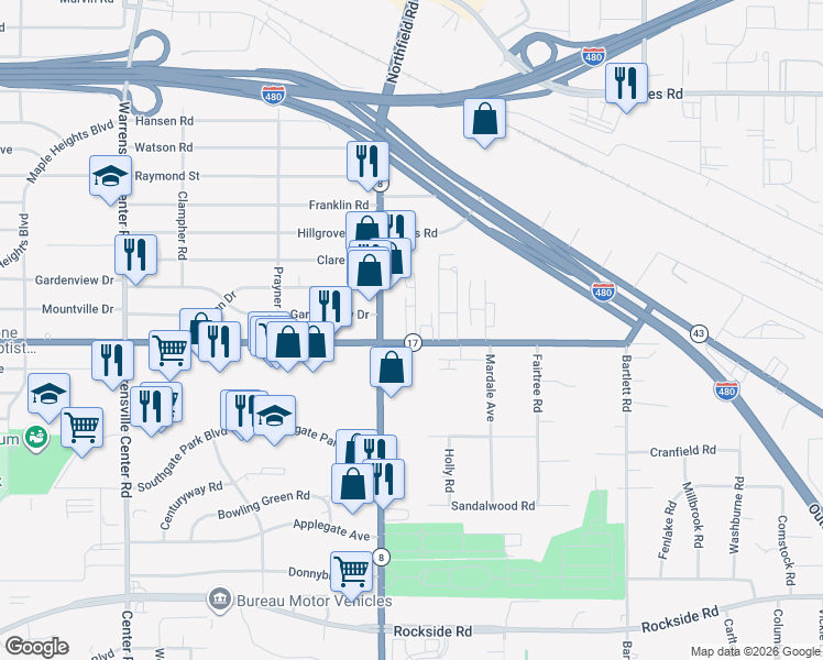 map of restaurants, bars, coffee shops, grocery stores, and more near 21831 Libby Road in Bedford Heights