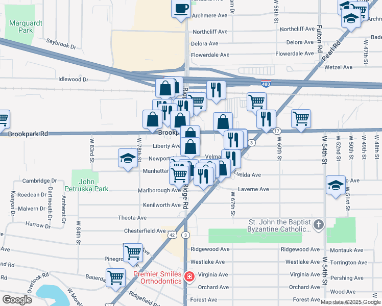 map of restaurants, bars, coffee shops, grocery stores, and more near 7115 Brookpark Road in Parma