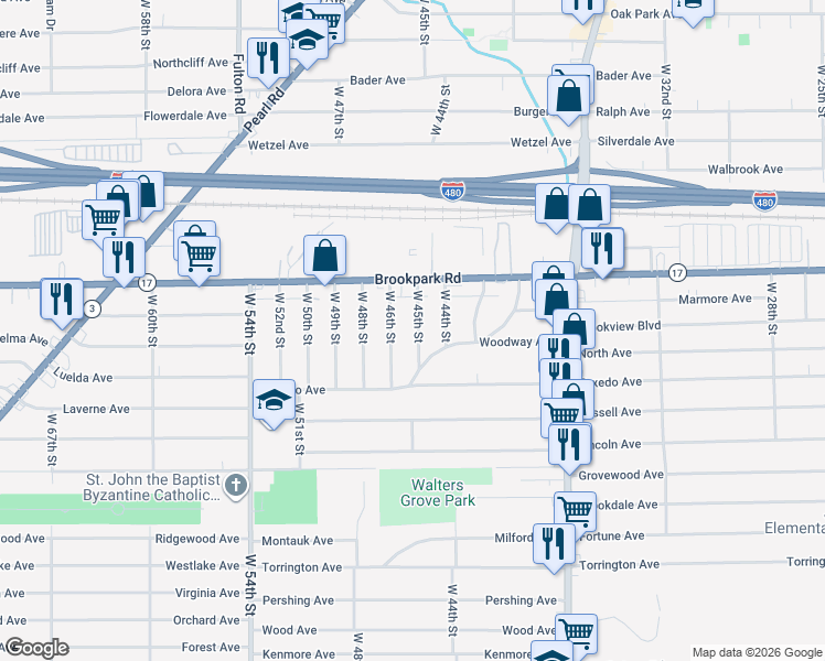 map of restaurants, bars, coffee shops, grocery stores, and more near 5252 West 45th Street in Parma