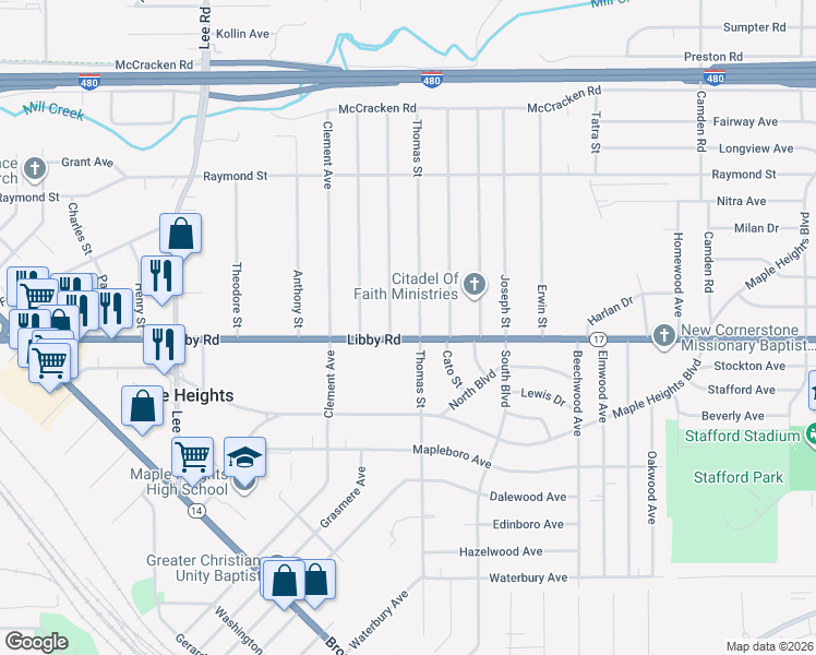 map of restaurants, bars, coffee shops, grocery stores, and more near 5250 Thomas Street in Maple Heights