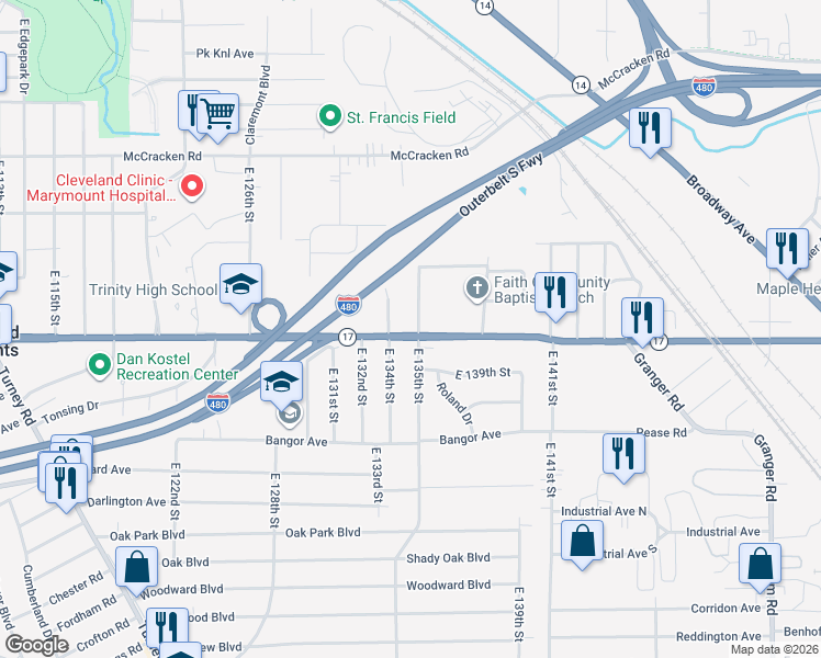 map of restaurants, bars, coffee shops, grocery stores, and more near 13421 Granger Road in Cleveland