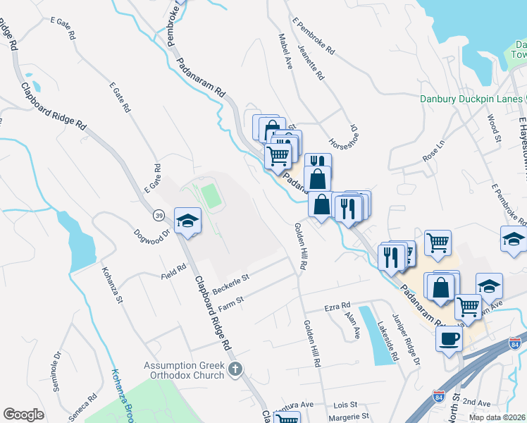 map of restaurants, bars, coffee shops, grocery stores, and more near 5 Terrace Street in Danbury