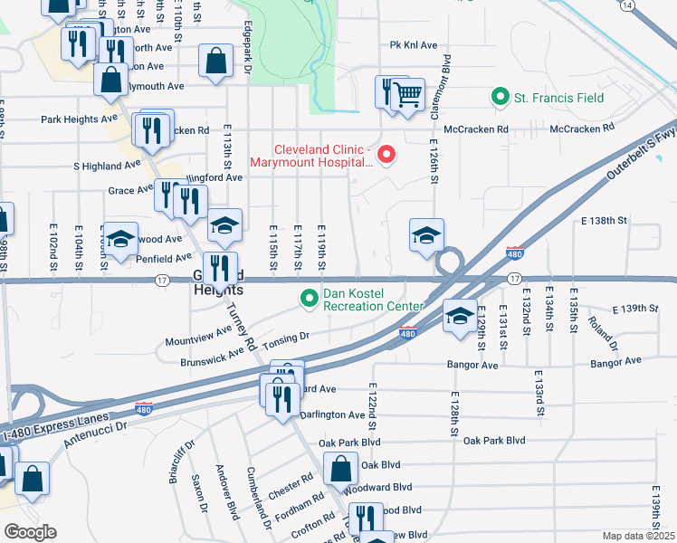 map of restaurants, bars, coffee shops, grocery stores, and more near 5291 East 119th Street in Garfield Heights