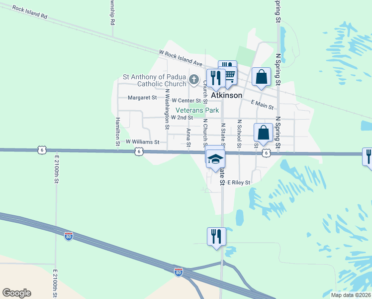 map of restaurants, bars, coffee shops, grocery stores, and more near 101 Anna Street in Atkinson