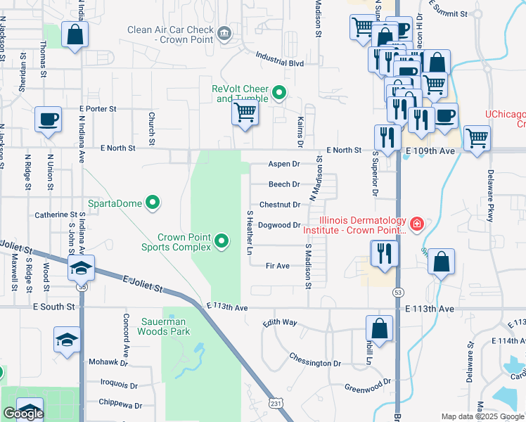 map of restaurants, bars, coffee shops, grocery stores, and more near 1630 Chestnut Drive in Crown Point