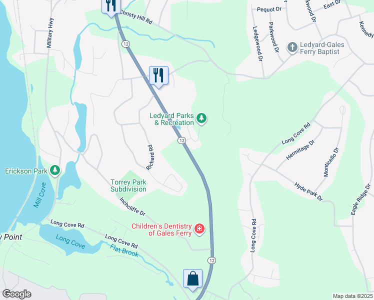 map of restaurants, bars, coffee shops, grocery stores, and more near 1561 Route 12 in Ledyard