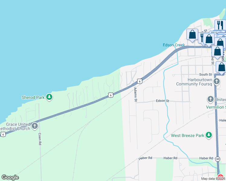 map of restaurants, bars, coffee shops, grocery stores, and more near 14017 West Lake Road in Vermilion