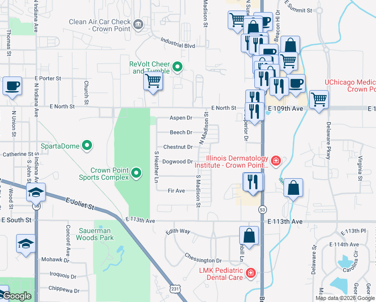 map of restaurants, bars, coffee shops, grocery stores, and more near 1718 Chestnut Drive in Crown Point