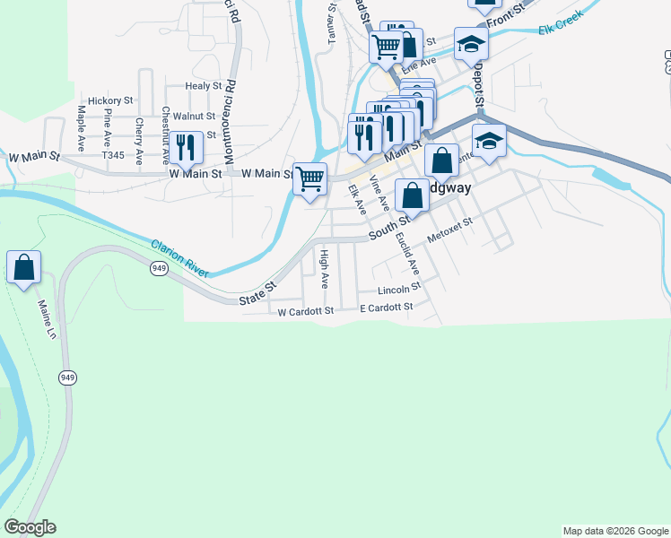 map of restaurants, bars, coffee shops, grocery stores, and more near 209 Monterey Ave in Ridgway