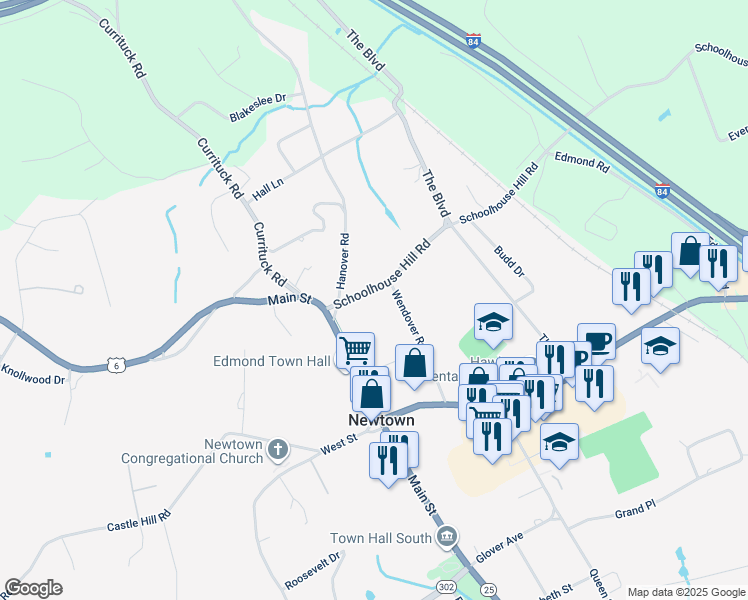 map of restaurants, bars, coffee shops, grocery stores, and more near 6 Schoolhouse Hill Road in Newtown