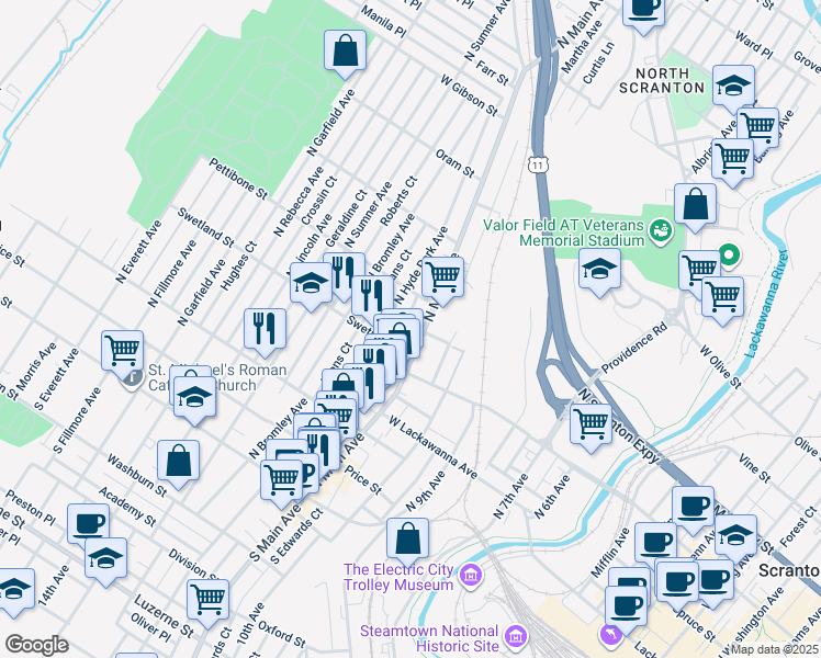 map of restaurants, bars, coffee shops, grocery stores, and more near 536 North Hyde Park Avenue in Scranton