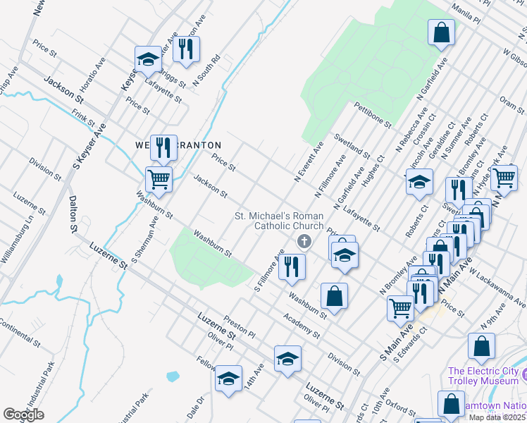 map of restaurants, bars, coffee shops, grocery stores, and more near 116 North Van Buren Avenue in Scranton