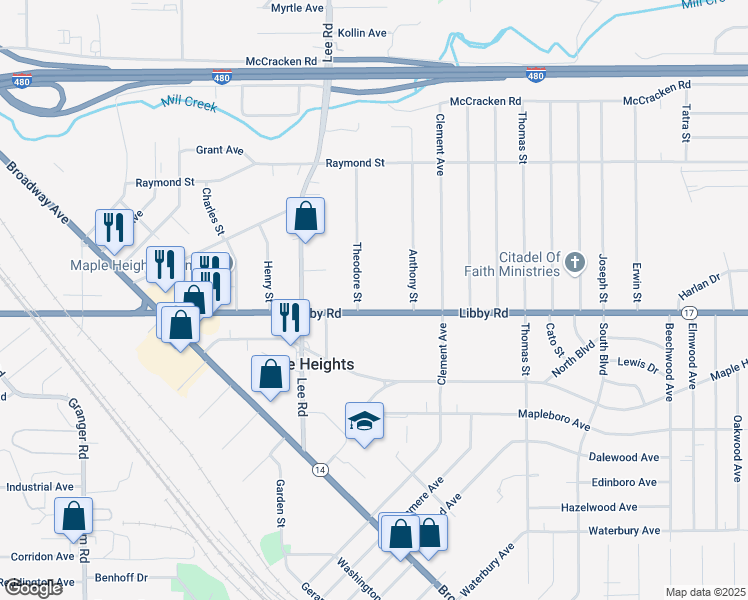 map of restaurants, bars, coffee shops, grocery stores, and more near 16831 Libby Road in Maple Heights
