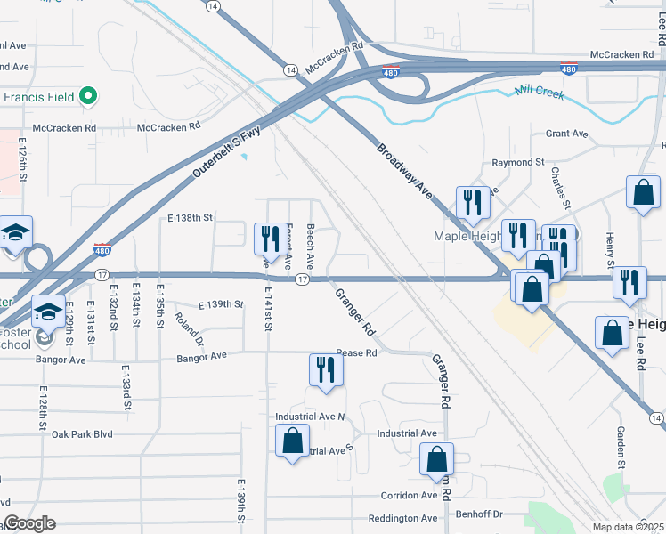 map of restaurants, bars, coffee shops, grocery stores, and more near 14425 Maple Avenue in Maple Heights