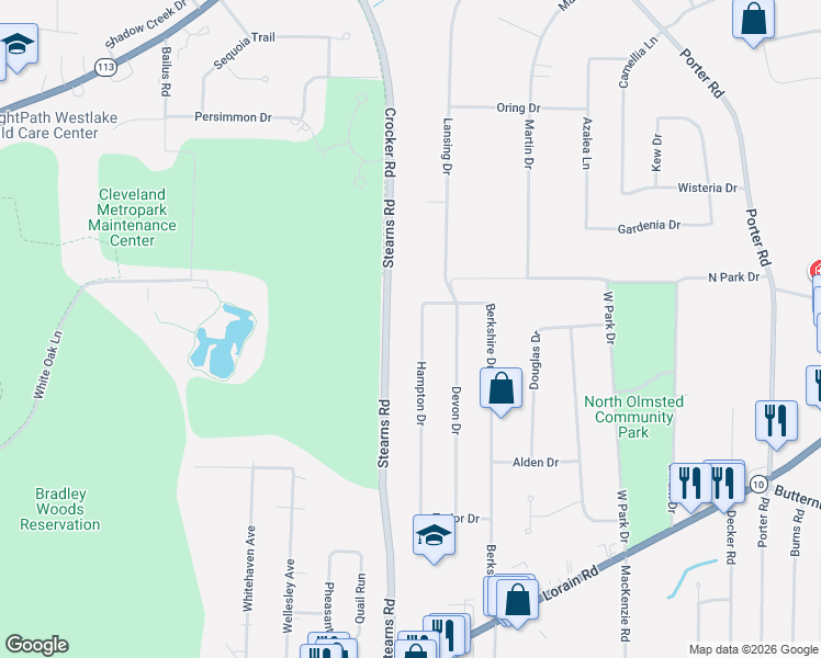 map of restaurants, bars, coffee shops, grocery stores, and more near 4917 Hampton Drive in North Olmsted