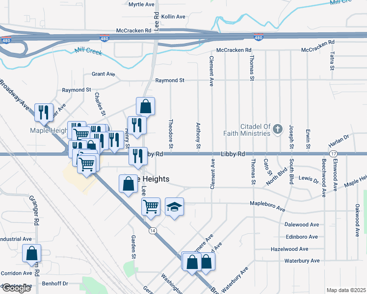 map of restaurants, bars, coffee shops, grocery stores, and more near 16831 Libby Road in Maple Heights