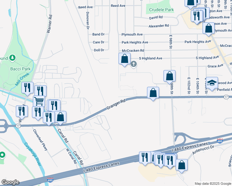map of restaurants, bars, coffee shops, grocery stores, and more near 9001 North Granger Road in Garfield Heights