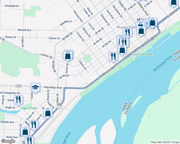 map of restaurants, bars, coffee shops, grocery stores, and more near 205 Cherry Street in Muscatine