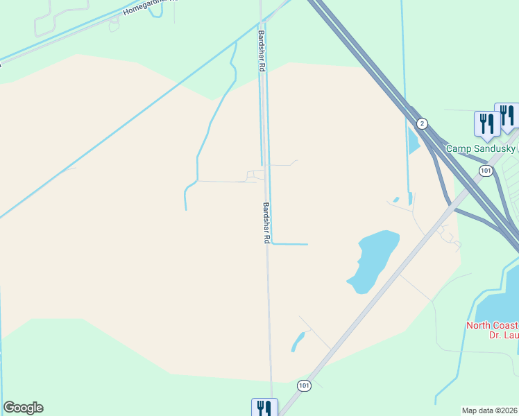 map of restaurants, bars, coffee shops, grocery stores, and more near 2219 Bardshar Road in Castalia