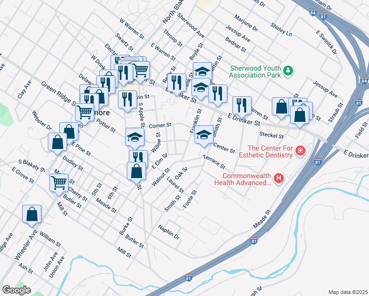 map of restaurants, bars, coffee shops, grocery stores, and more near 205 Franklin Street in Dunmore