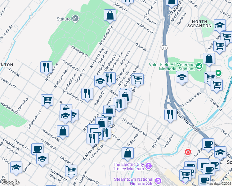 map of restaurants, bars, coffee shops, grocery stores, and more near 514 North Bromley Avenue in Scranton