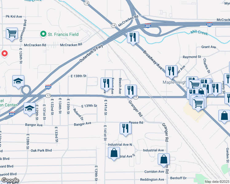 map of restaurants, bars, coffee shops, grocery stores, and more near 5254 Beech Avenue in Maple Heights