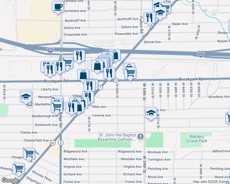 map of restaurants, bars, coffee shops, grocery stores, and more near 6110 Merkle Avenue in Parma