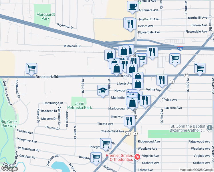 map of restaurants, bars, coffee shops, grocery stores, and more near 7710 Liberty Avenue in Parma