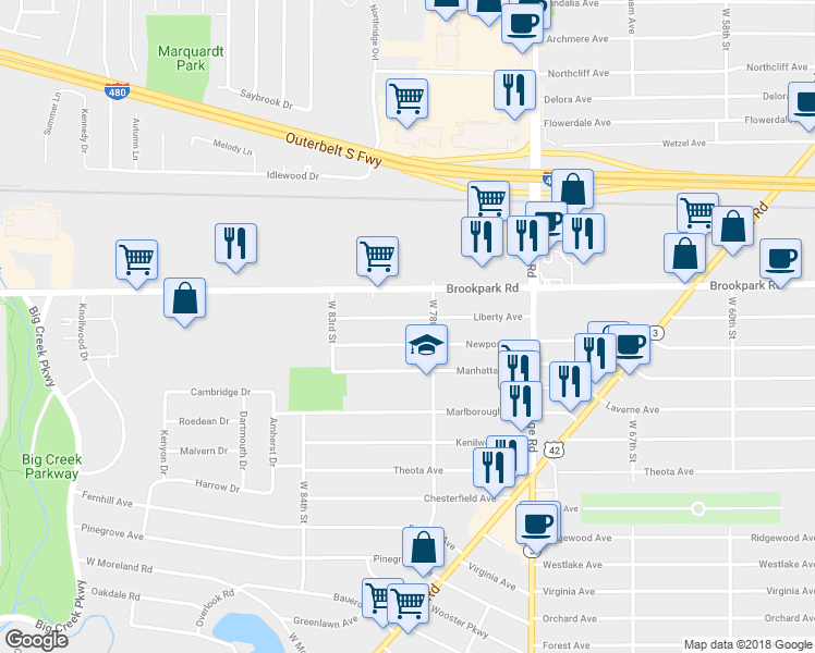 map of restaurants, bars, coffee shops, grocery stores, and more near 7914 Liberty Avenue in Parma