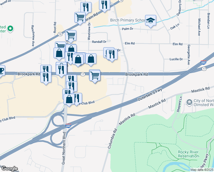 map of restaurants, bars, coffee shops, grocery stores, and more near 24640 Clareshire Drive in North Olmsted