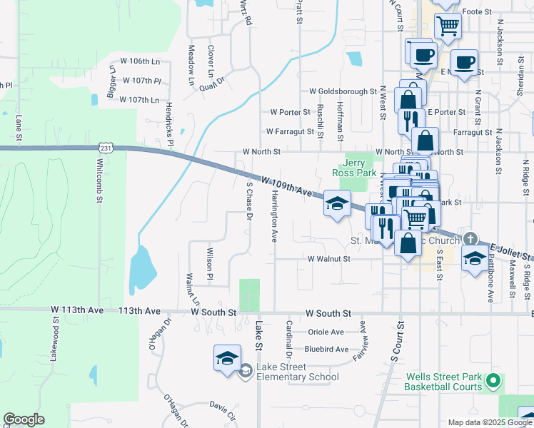 map of restaurants, bars, coffee shops, grocery stores, and more near 117 Harrington Avenue in Crown Point