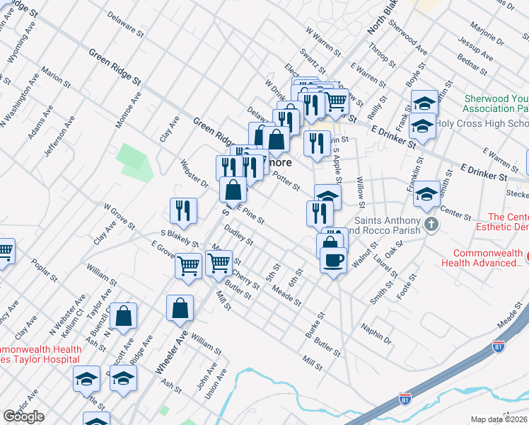 map of restaurants, bars, coffee shops, grocery stores, and more near 328 Spring Street in Dunmore