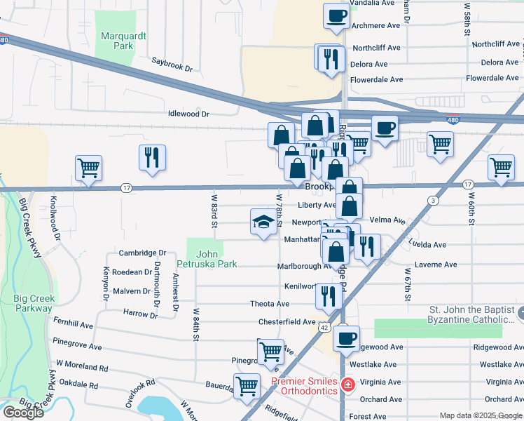 map of restaurants, bars, coffee shops, grocery stores, and more near 7914 Liberty Avenue in Parma