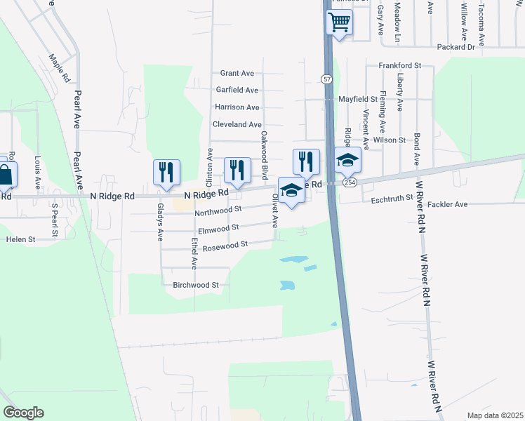 map of restaurants, bars, coffee shops, grocery stores, and more near 41408 Northwood Street in Elyria