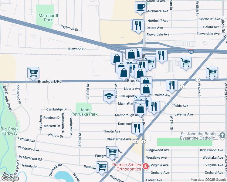 map of restaurants, bars, coffee shops, grocery stores, and more near 7710 Liberty Avenue in Parma