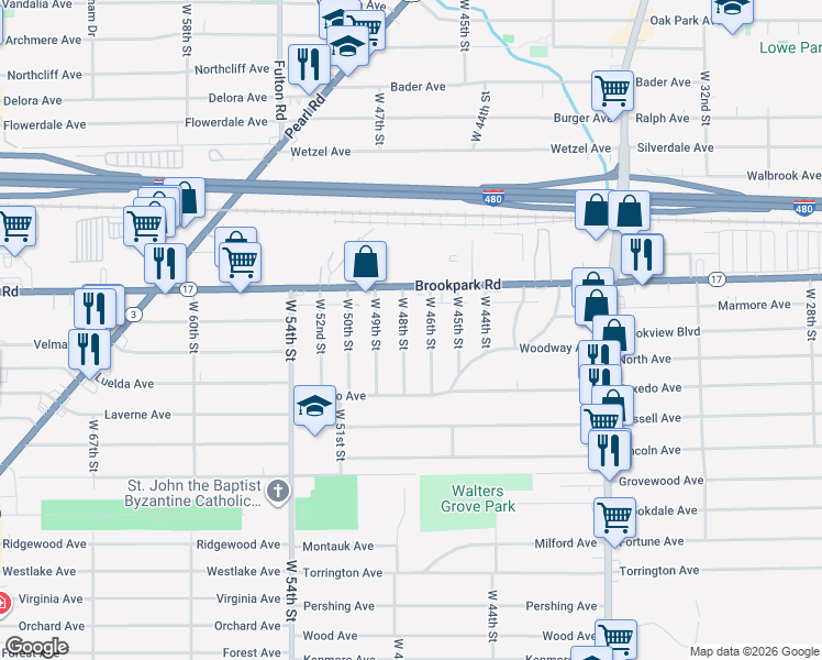map of restaurants, bars, coffee shops, grocery stores, and more near 5228 West 48th Street in Parma
