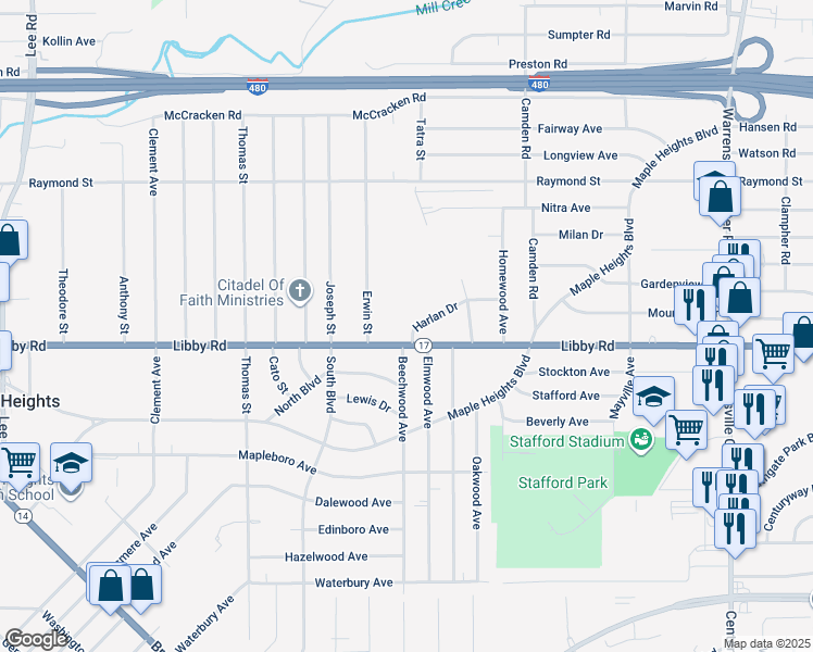 map of restaurants, bars, coffee shops, grocery stores, and more near 18601 Harlan Drive in Maple Heights