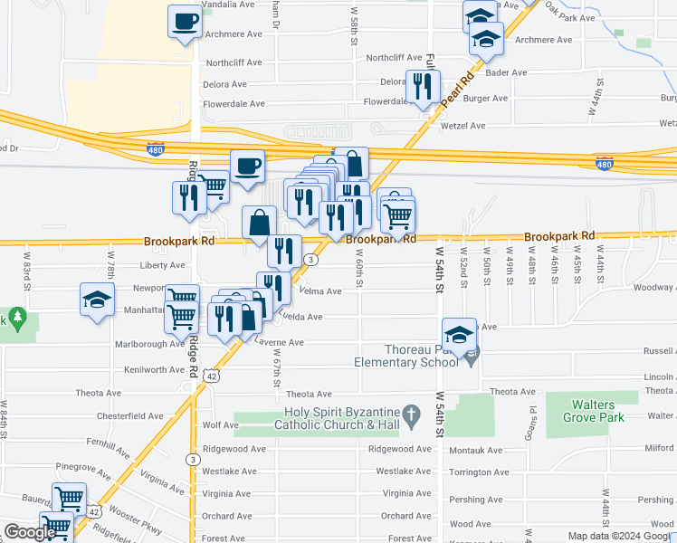 map of restaurants, bars, coffee shops, grocery stores, and more near 6115 Merkle Avenue in Parma