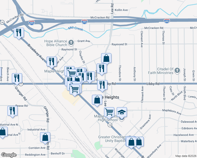 map of restaurants, bars, coffee shops, grocery stores, and more near 5251 Henry Street in Maple Heights