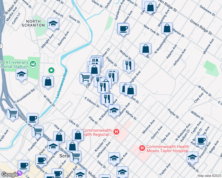 map of restaurants, bars, coffee shops, grocery stores, and more near 929 Wyoming Ave in Scranton