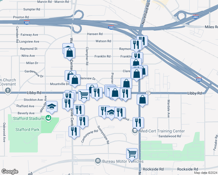 map of restaurants, bars, coffee shops, grocery stores, and more near 21106 Gardenview Drive in Maple Heights