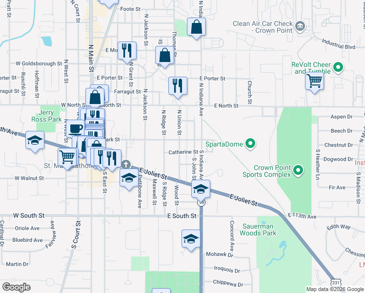 map of restaurants, bars, coffee shops, grocery stores, and more near 106 South Union Street in Crown Point
