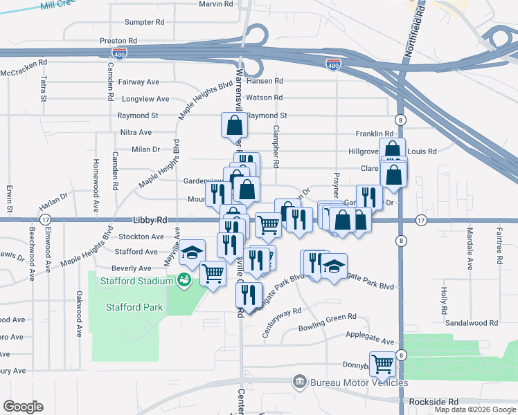 map of restaurants, bars, coffee shops, grocery stores, and more near 20617 Mountville Drive in Maple Heights