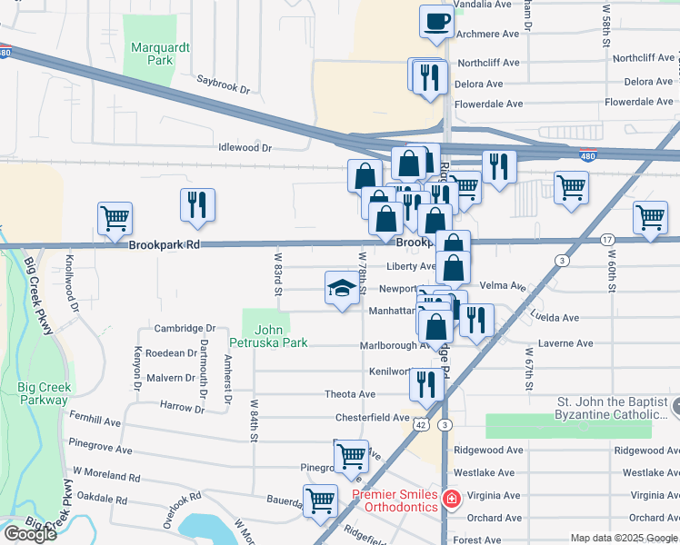 map of restaurants, bars, coffee shops, grocery stores, and more near 7915 Liberty Avenue in Parma