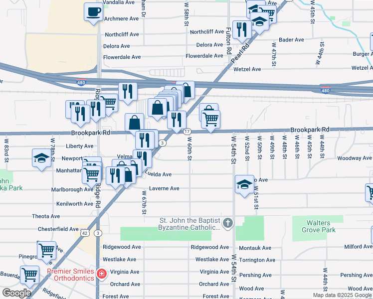map of restaurants, bars, coffee shops, grocery stores, and more near 6110 Merkle Avenue in Parma
