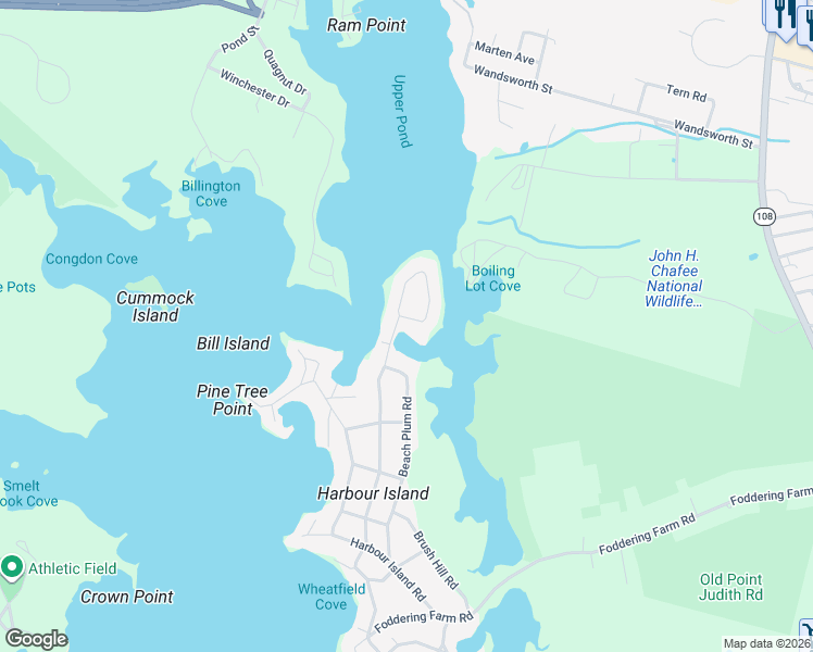 map of restaurants, bars, coffee shops, grocery stores, and more near 198 Wood Hill Road in Narragansett