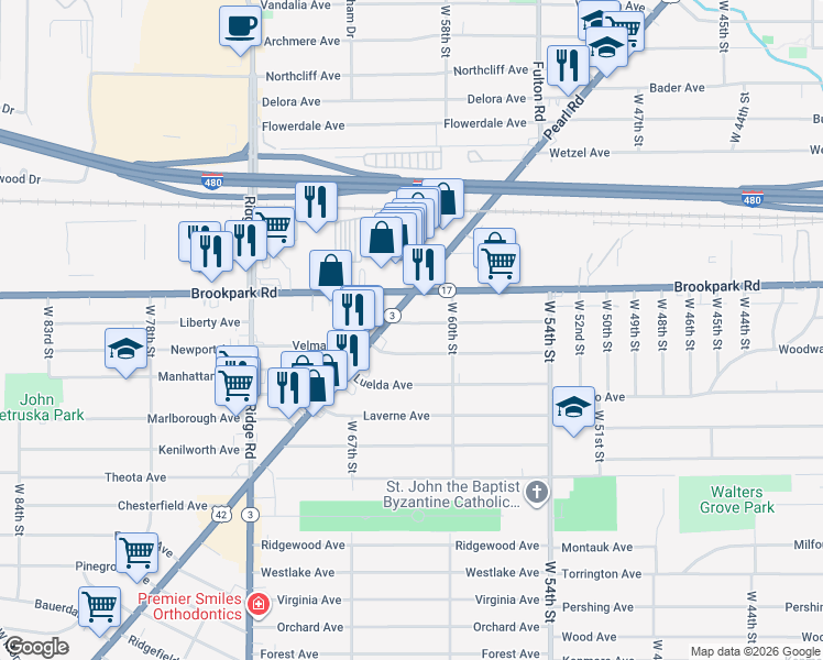 map of restaurants, bars, coffee shops, grocery stores, and more near 6215 Merkle Avenue in Parma