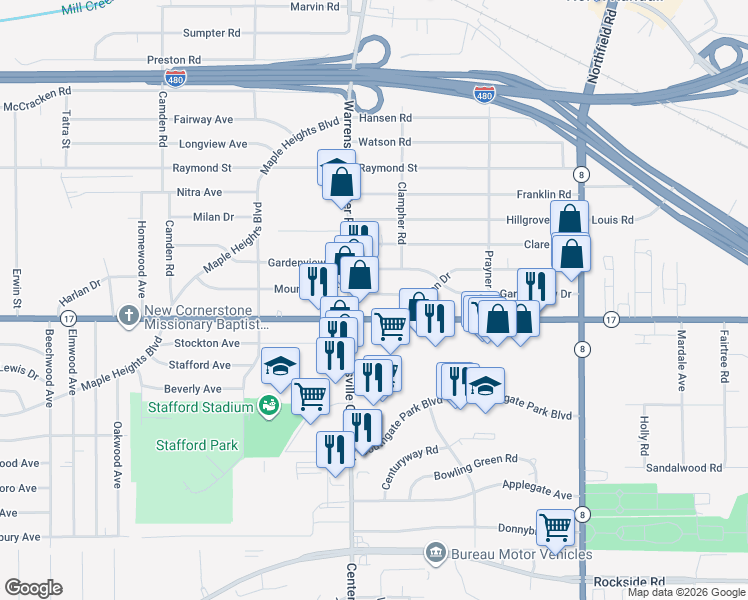 map of restaurants, bars, coffee shops, grocery stores, and more near 5253 Warrensville Center Road in Maple Heights